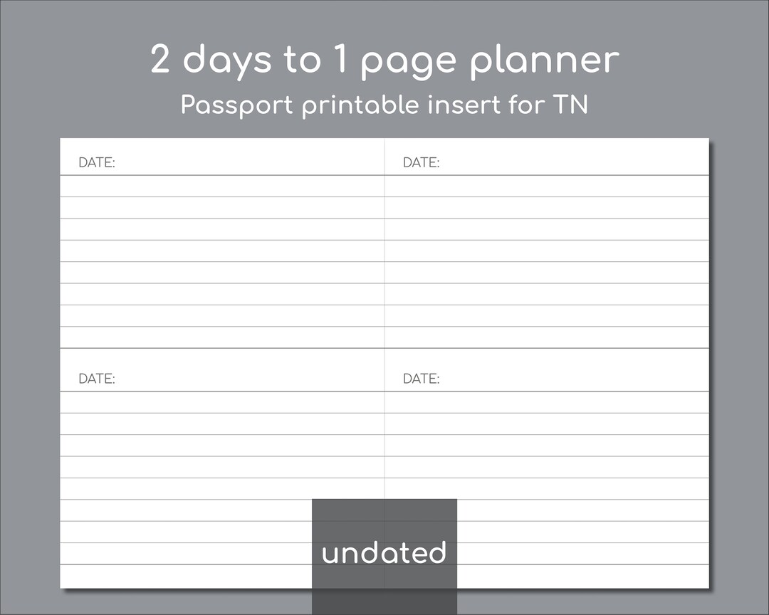 2 Days on 1 Page, Passport Size Printable Insert for TN, Undated Daily ...