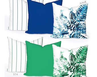 Throw pillow scatter cushion covers. Blue and green fern with pinstripes and accent plains. Unique,  prints designed in-house. 22x22" 18x18"