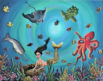 Mermaid Original Art Print , storybook art, handmade , home decor ,fine art print, original art, ocean, children's room art, octopus, turtle