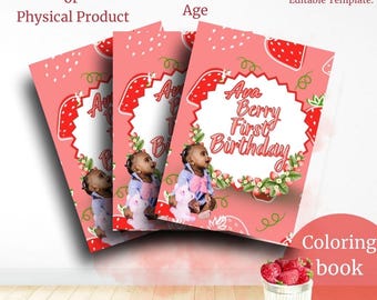 Puede incluir: Tres portadas de libro para colorear de color rosa con temática de fresa. La portada delantera presenta una foto de una niña pequeña con el texto "Ava Berry First Birthday".