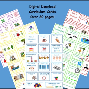 May include: Digital download curriculum cards spanning over 80 pages, featuring educational grids for Year 1 students. The cards include subjects like science, math, geography, and writing, with colorful illustrations, text prompts, and icons on white backgrounds.