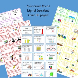 May include: A set of educational curriculum cards for a digital download, spanning over 80 pages. The cards feature various subjects including Year 2 Writers, Historians, Mathematicians, Geographers, and Scientists, with text and illustrations.