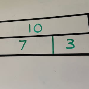 May include: A white board with a black frame and green numbers. The numbers 10, 7, and 3 are written on the board.