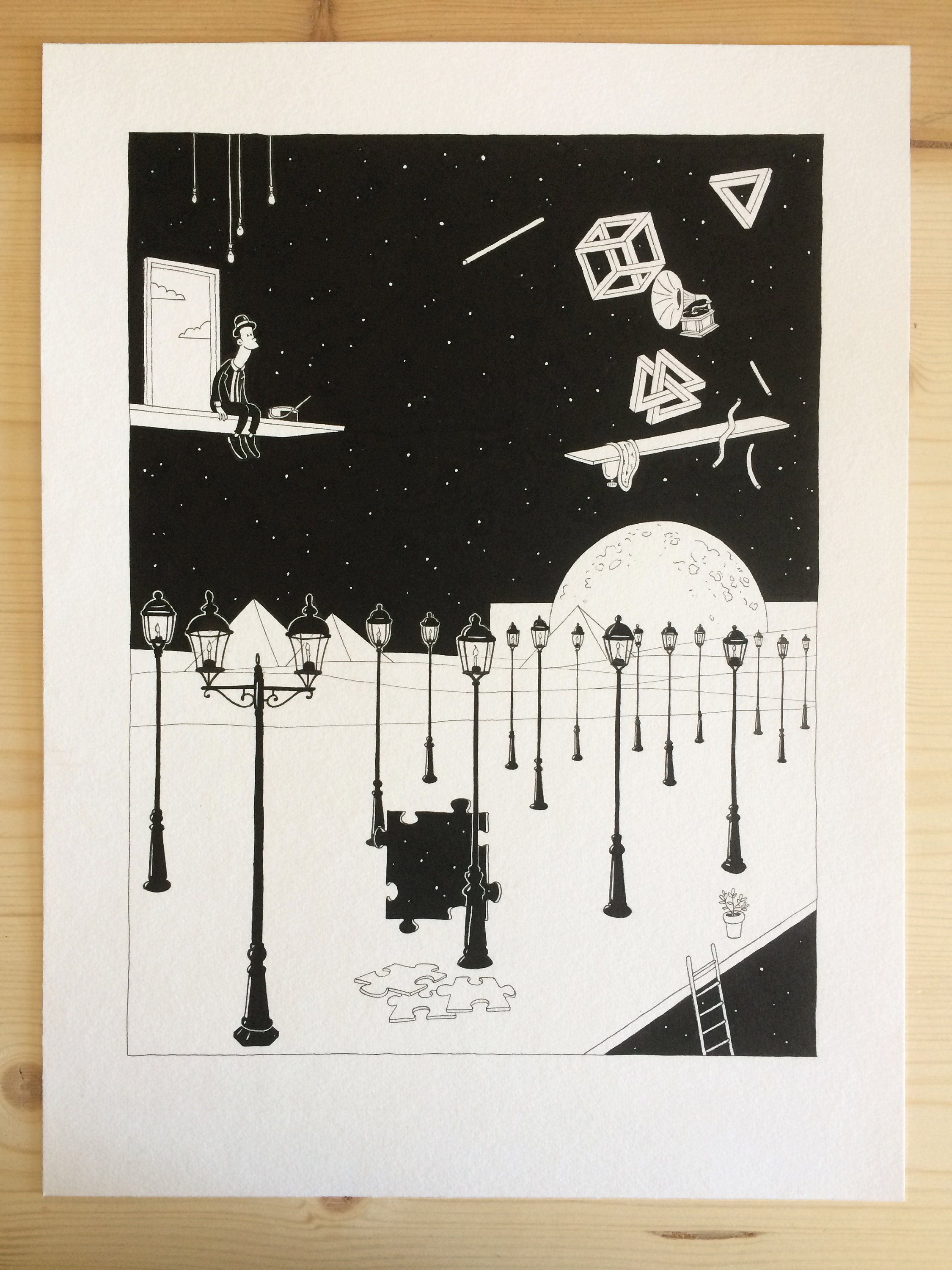 Les Lunes - Dessin Original à La Main Poster Affiche Art Noir & Blanc