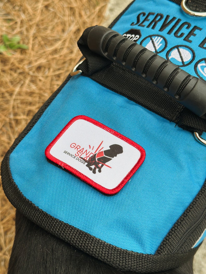 May include: Blue service dog vest with black trim and a black handle. The vest has a patch that says "Grand Slam Service Dogs" with a red border and a graphic of a dog wearing a service vest.