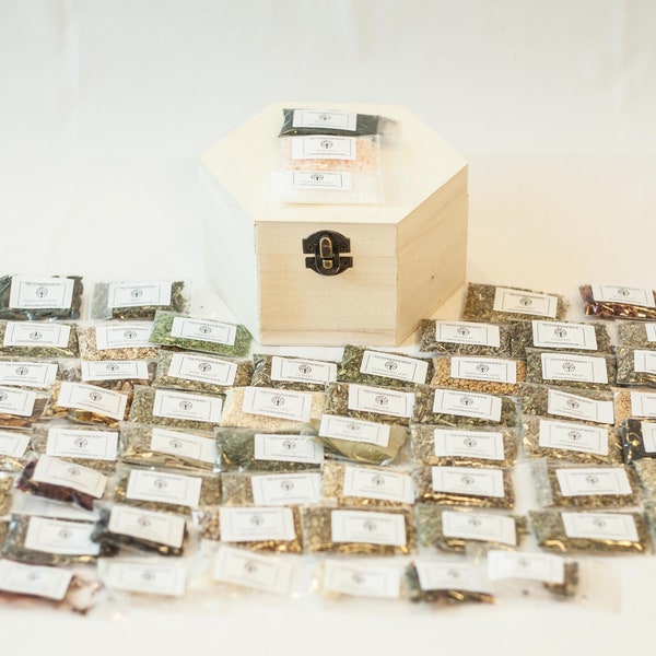 Chest of 50 Herb, 6 Resin & 3 Salt Sachets - Witchcraft Kit , Spell Kit, Starter, Solitary, Wicca, Casting, Baby Witch, Apothecary Set