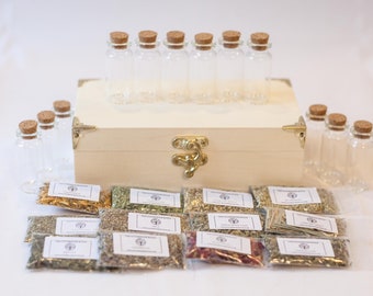 12 Herb & 12 Empty Bottle Chest - Witchcraft Kit , Spell Kit, Starter Kit, Beginners, Solitary, Wicca, Casting, Baby Witch, Apothecary Set