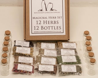 12 Herb & 12 Empty Bottle Set - Witchcraft Kit , Spell Kit, Starter Kit, Beginners, Solitary, Wicca, Casting, Baby Witch, Apothecary Set