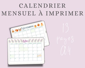 2024 digital monthly calendar to print in French // 12 months from January 2024 to December 2024 // A4 format // cozy