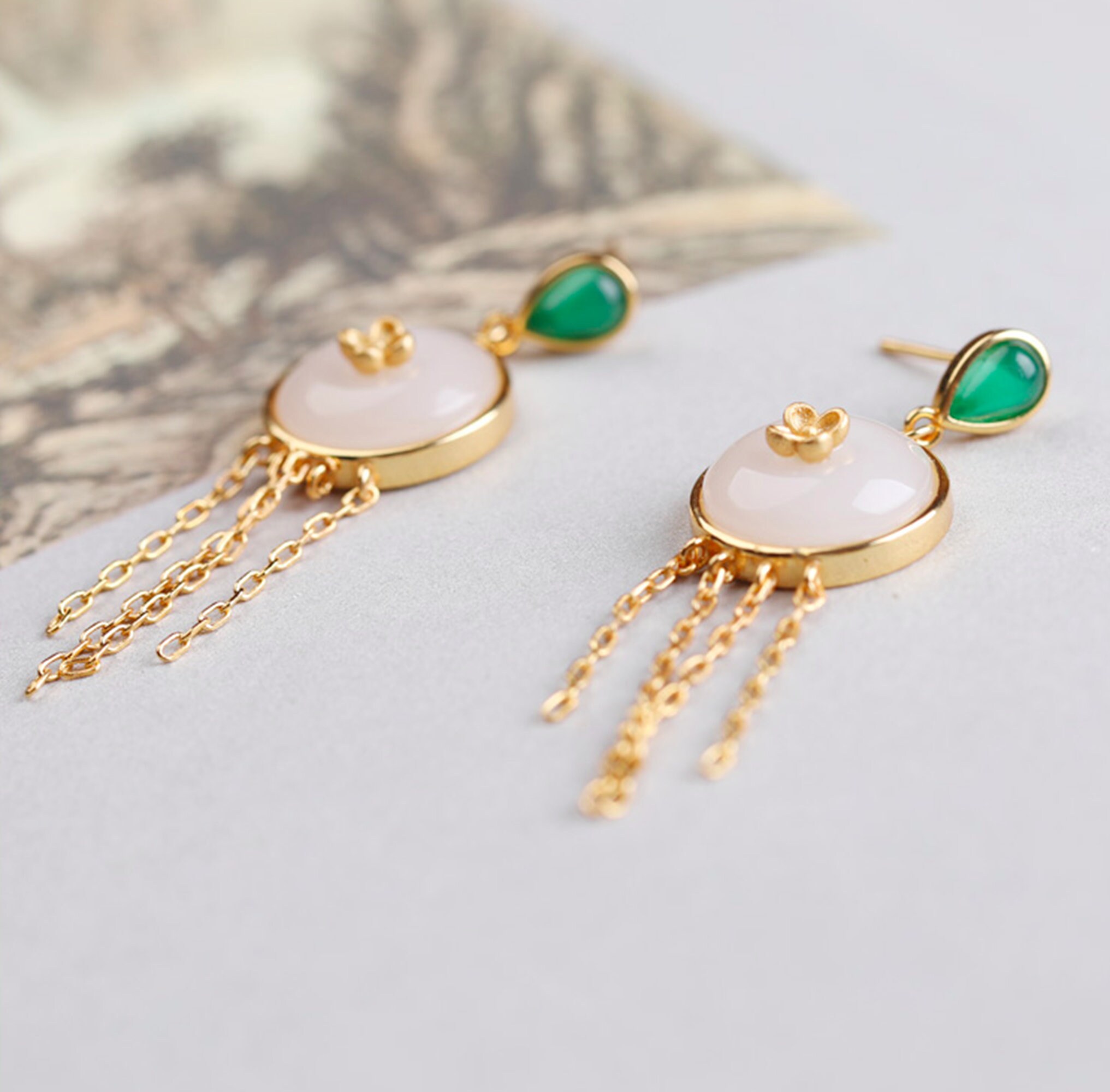 White Jade Earrings Dangle Earrings Handmade Vintage Earrings Etsy