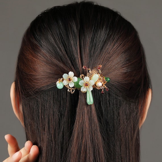 Vintage Hair Clip Green Hair Clip White Flower Hair Pin Shell Hair