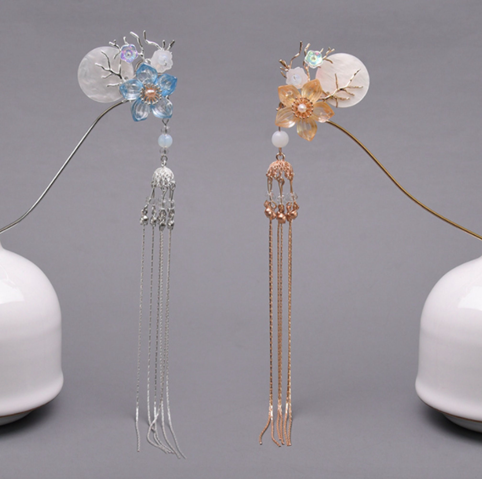 Flower Blossom Japanese Hair Pin With Long Tassels Hair Stick Etsy