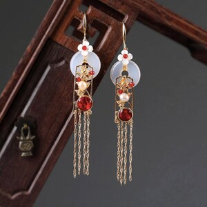 White Jade Earrings Dangle Earrings Handmade Vintage Earrings Flower Tassels Earrings Ethnic Chinese Style