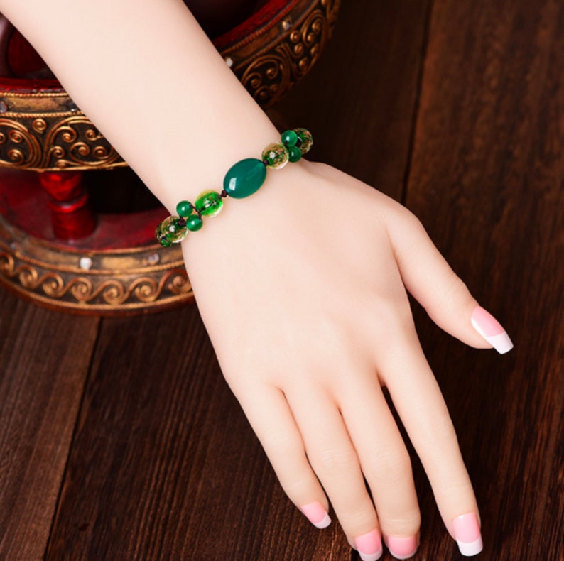 Green Jade Bracelet Infinity Charm Bracelet Green Agate Chinese Bracelet Cloisonne Statement Bracelet Crystal Bracelet Unique Gift