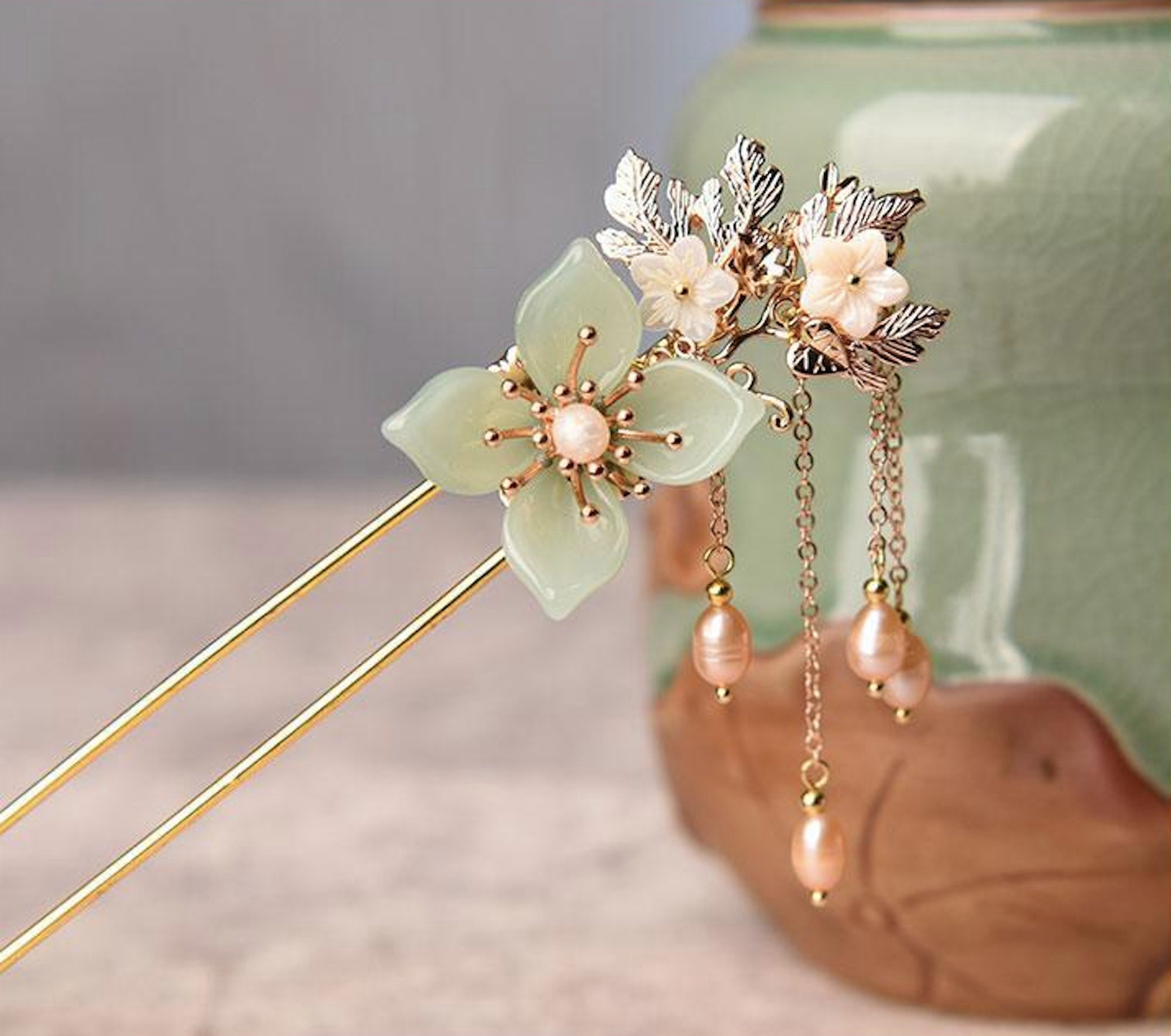 Green Flower Blossom Chinese Hair Pin Hair Stick Bead Hair Etsy