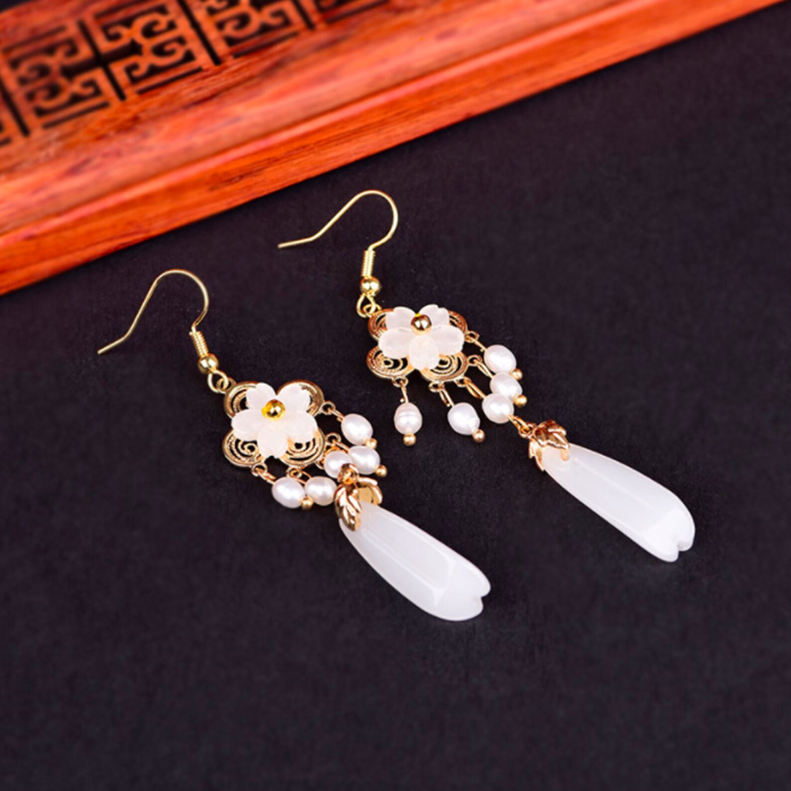 Boho Earrings White Jade Earrings Long Dangle Earrings Etsy