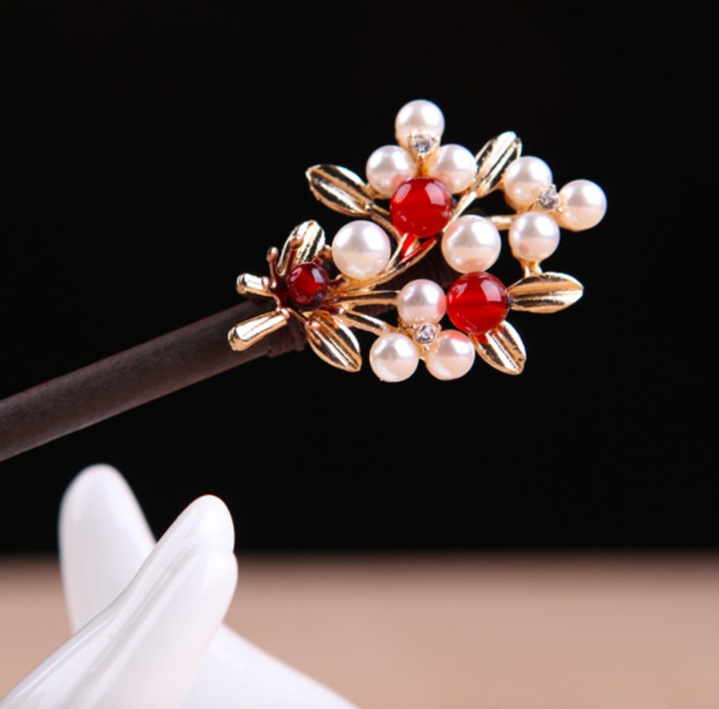 Vintage Agate Flower Blossom Chinese Hair Pin Hair Stick Bead Hair Pins Retro Wood Hair Stick Pearls Hair Stick Rhinestone Hair Stick