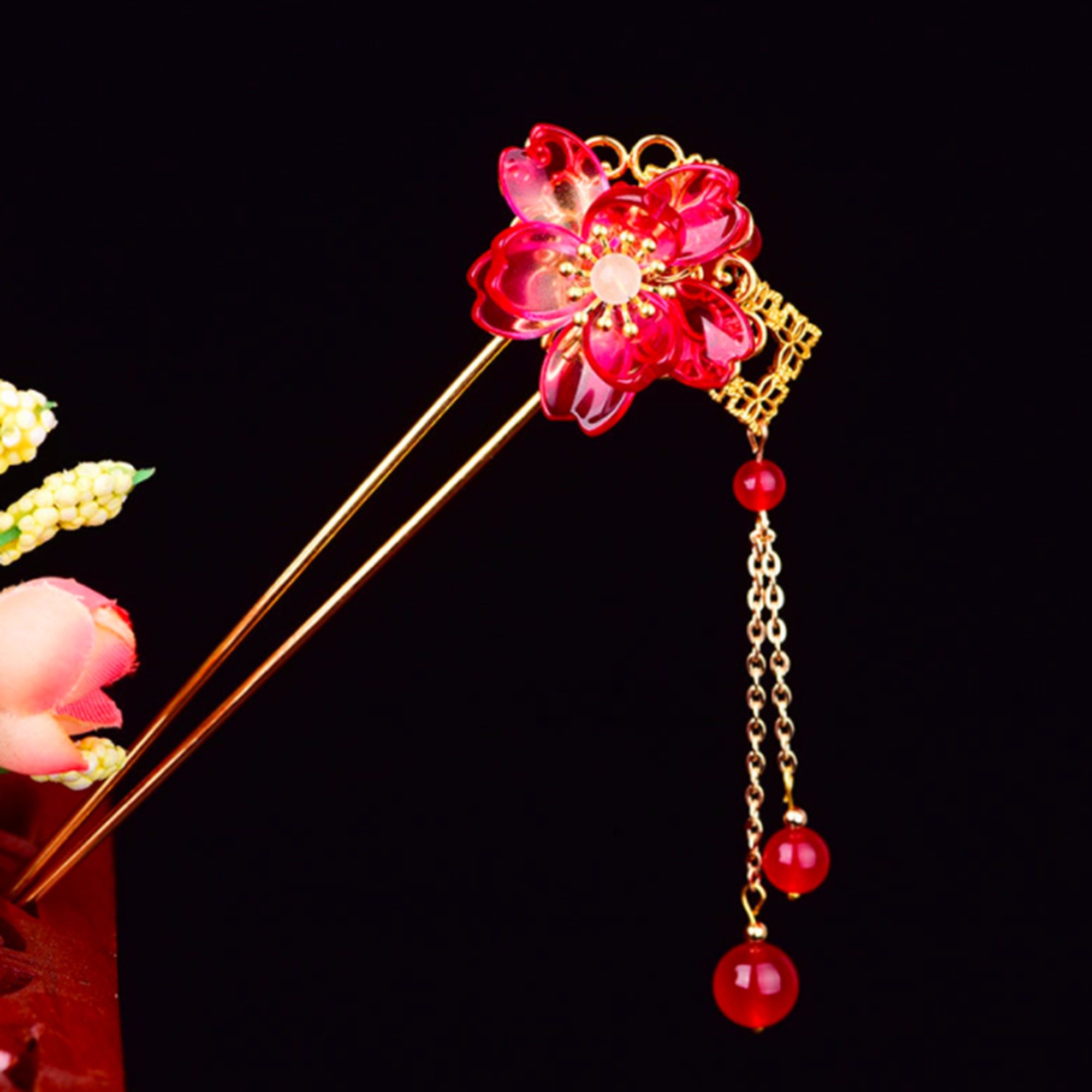 Red Tassel Flower Cherry Blossom Japanese Hair Pin Hair Stick Etsy