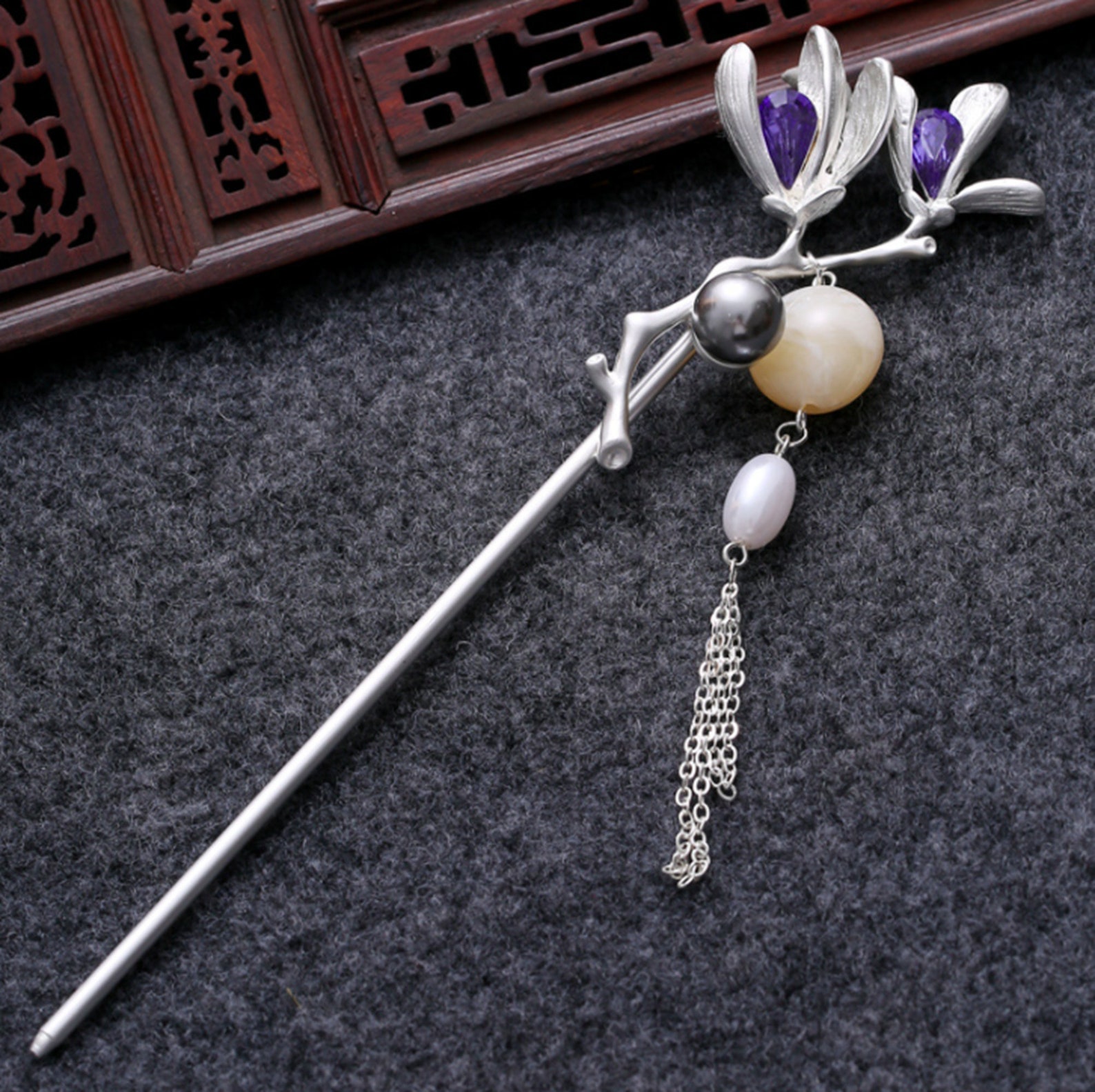 Orchid Blossom Chinese Hair Pin With Tassels Hair Stick Pearls Etsy