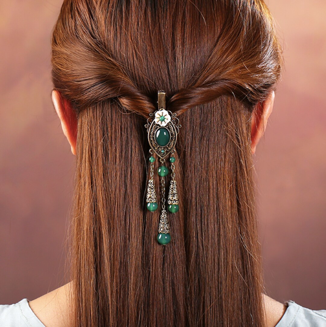 Vintage Hair Clip Green Hair Clip White Flower Hair Pin Shell Hair Clip