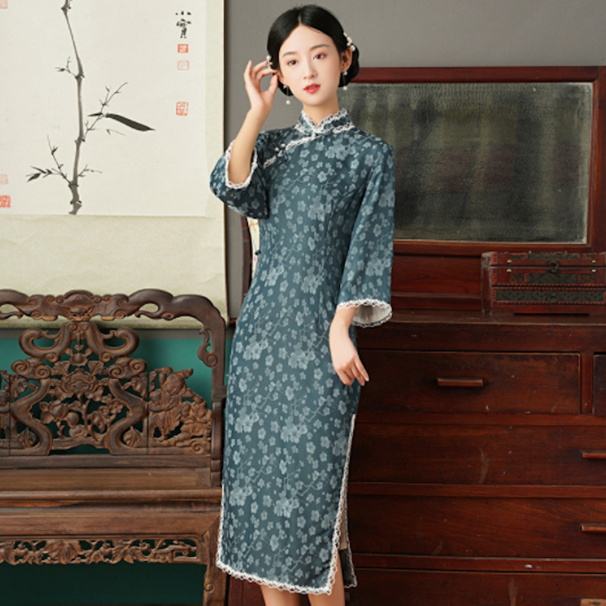 Green / Blue Floral Cheongsam Chinese Cheongsam Dress Rattan - Etsy