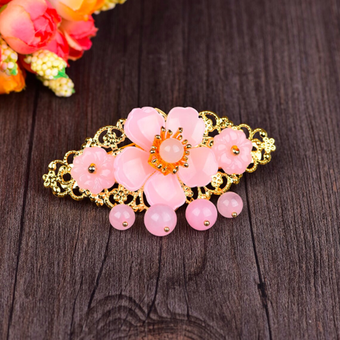 Green / Pink Flower Tassel Chinese Hair Clips Chinese Barrette Etsy