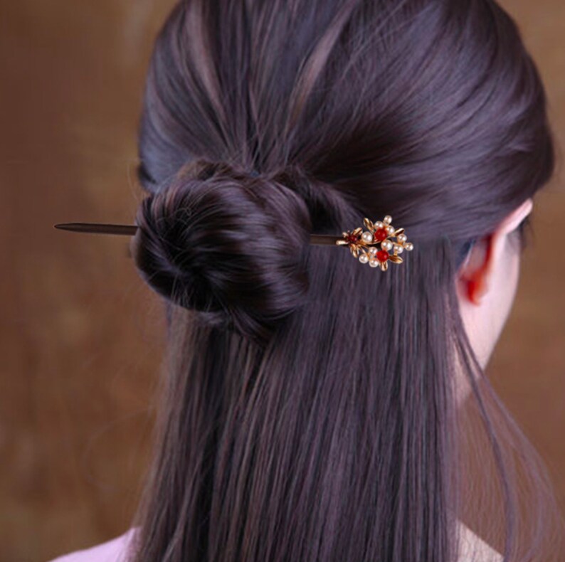 Vintage Agate Flower Blossom Chinese Hair Pin Hair Stick Bead Hair Pins Retro Wood Hair Stick Pearls Hair Stick Rhinestone Hair Stick