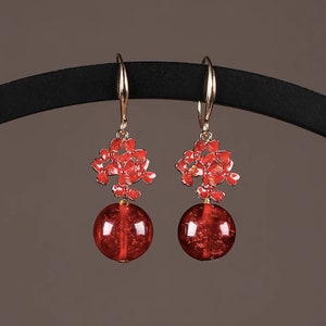 Red Flowers Earrings Dangle Earrings Handmade Vintage Glaze Earrings