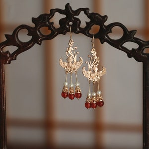 Red Agate Earrings Dangle Earrings Handmade Vintage Earrings Phoenix Earrings Ethnic Chinese Style