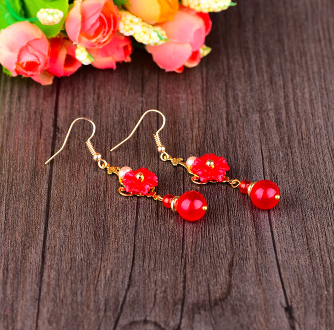 Red Jade Earrings Dangle Earrings Handmade Vintage Earrings Etsy