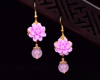 Purple Jade Earrings Dangle Earrings Handmade Vintage Earrings Flower Drop Earrings Ethnic Chinese Style