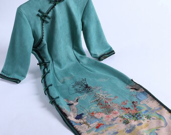 Green Chinese Painting Cheongsam Suede Chinese Cheongsam Dress Rattan Dress Robe For Girl Women