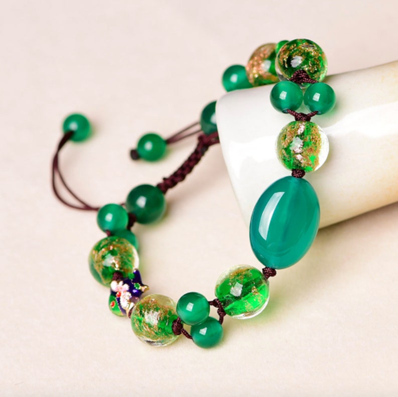 Green Jade Bracelet Infinity Charm Bracelet Green Agate Chinese Bracelet Cloisonne Statement Bracelet Crystal Bracelet Unique Gift