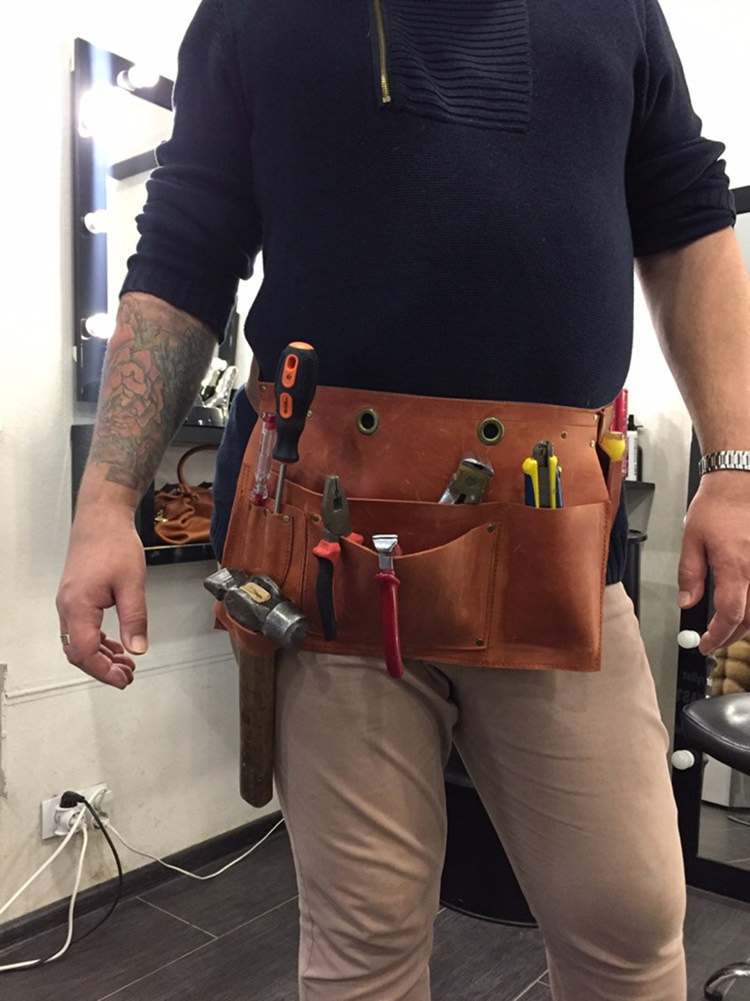 Personalized Leather Tool Belt Work Tool Belt Untility Belt Genuine Leather 7 Pockets christmas