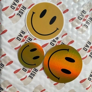 Yellow Smiley Holographic Sticker 3&quot; x 3&quot; | Vinyl Sticker | Smiley Face Sticker | Holographic Sticker | Yellow Happy Face Sticker