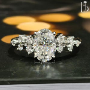 2.00 CT Oval Moissanite Colorless Diamond With Cluster Diamond Ring, Awesome Ring, Antique Oval Diamond With Cluster Stone Ring