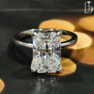 Radiant Colorless Moissanite Diamond With Tulip Prong Set And Hidden Diamond Ring , Radiant Diamond Straight Shank Ring For Women&#39;s Day