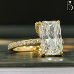 Radiant Cut Moissanite Half Eternity Ring, Tulip Setting Diamond Ring, Colorless Moissanite Ring with Hidden Diamond & Tulip Prong Setting