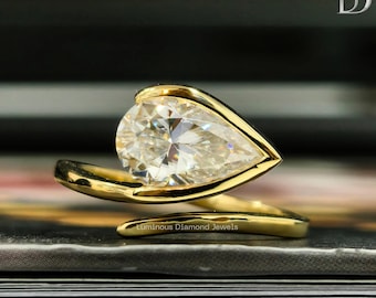Pear Cut Moissanite Engagement Ring East West Teardrop Curved Style Bypass Promise Ring Half Bezel Horizontal Solitaire Diamond Wedding Ring