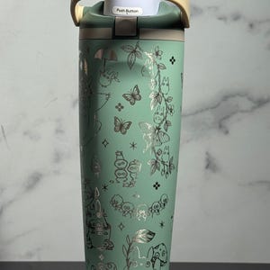 May include: A mint green Owala water bottle with a beige handle and lid. The bottle has silver illustrations of butterflies, mushrooms, and cartoon characters. The lid has the text "Push Button" and the brand name "owala".