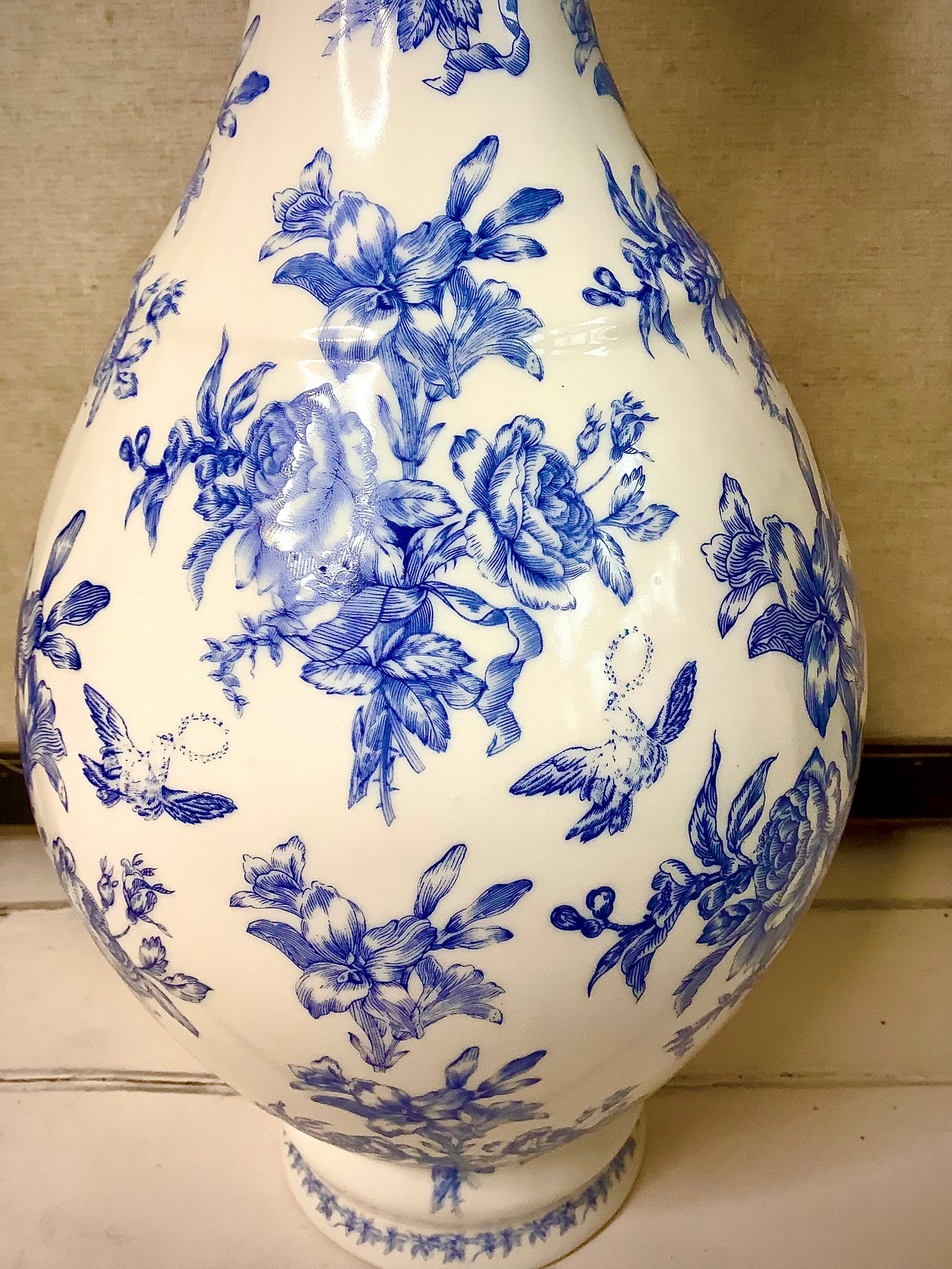 Vintage Blue Transferware Vase: Floral Bird Design, European Decor