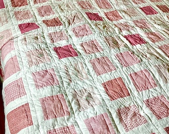 Large Vintage Quilt,  Country Style  Handmade, Hand Stitched. Pink and White Vintage Handmade Patchwork Quilt.