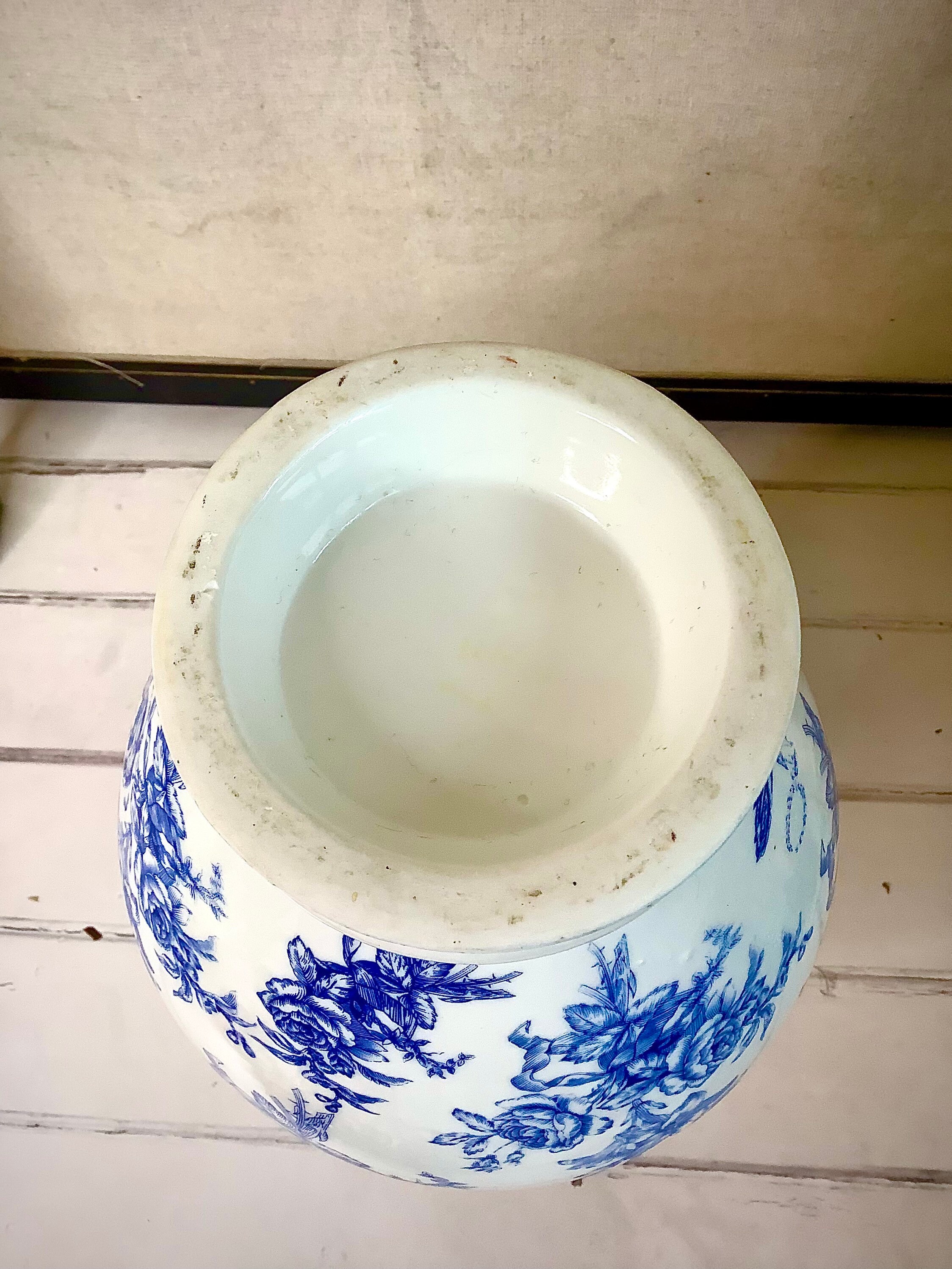 Vintage Blue Transferware Vase: Floral Bird Design, European Decor