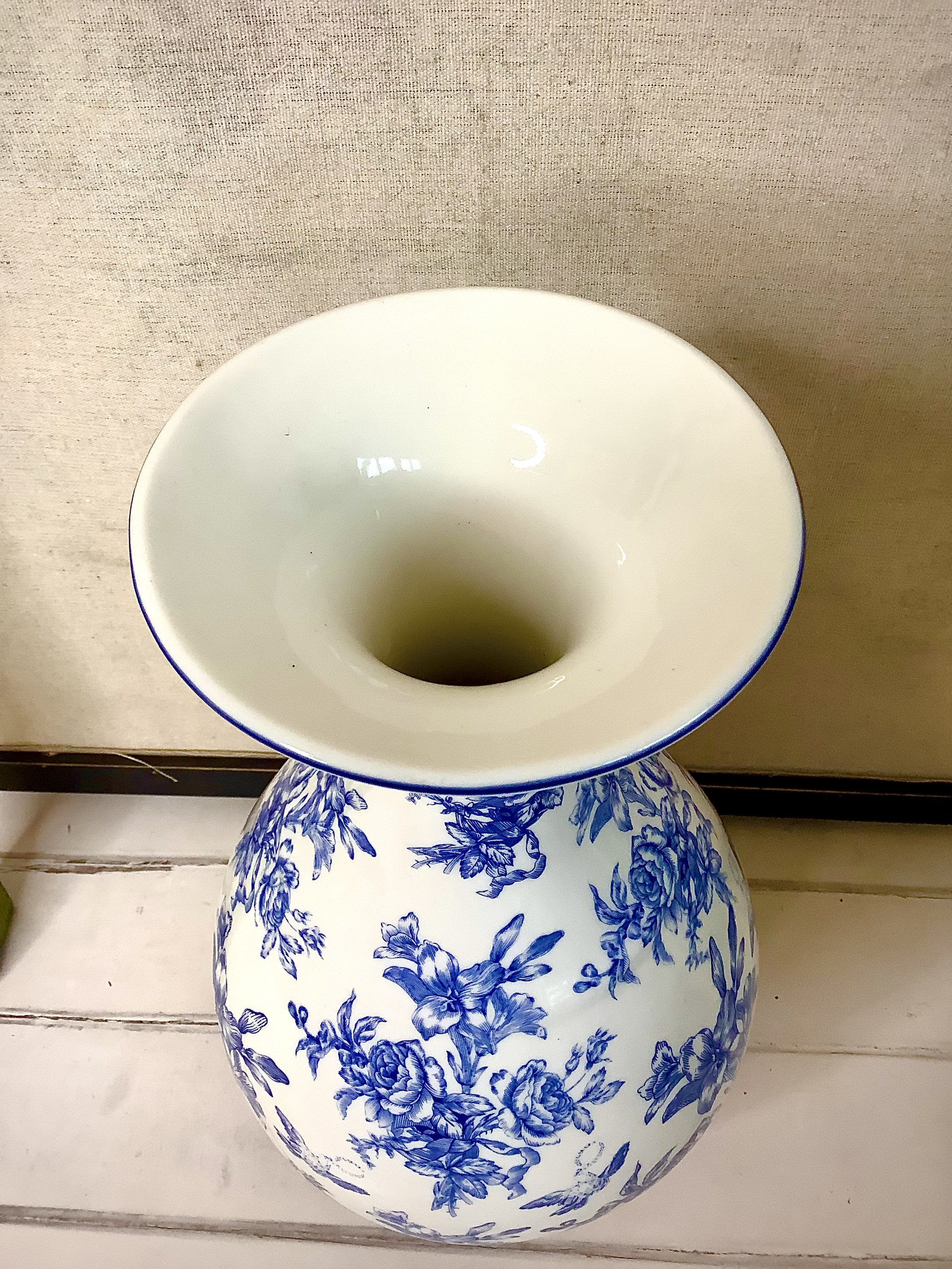 Vintage Blue Transferware Vase: Floral Bird Design, European Decor