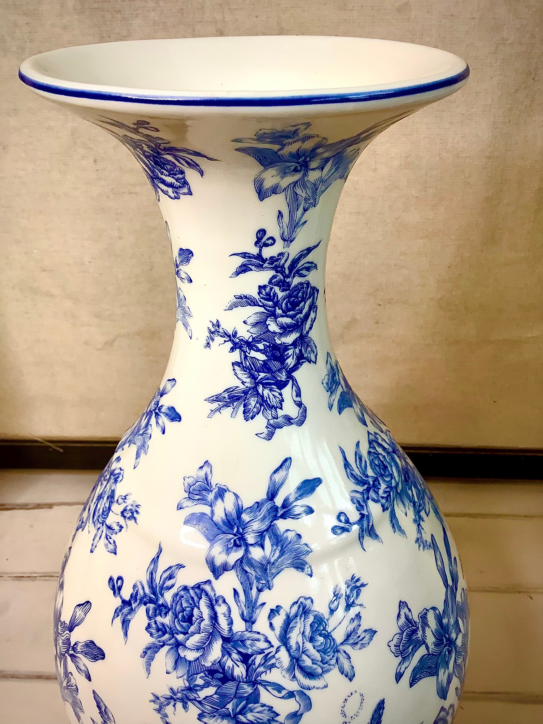 Vintage Blue Transferware Vase: Floral Bird Design, European Decor