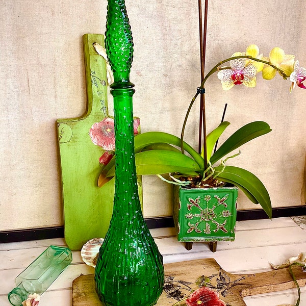Fabulous Vintage Italian Empoli Wax Drip, Bamboo, Green Glass Genie Bottle. Retro Glass Genie Bottle, Mid Century Glass Genie Bottle