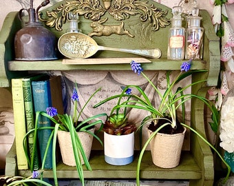 Charming Rustic, Handmade Country Style , Vintage Style Shelving Unit in Olive Green.