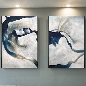 2 Piece Abstract Painting Set, Blue Gray Acrylic Texture, Handmade Framed Wall Art