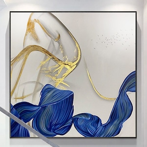 Navy blue Abstract painting on canvas wall art framed for living room wall home decor abstract Art hallway gold leaf acrylic painting