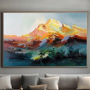 Peinture abstraite originale sur toile, peinture acrylique de montagne d'or, peinture personnalisée, art mural texturé, cadeau personnalisé, peinture murale encadrée